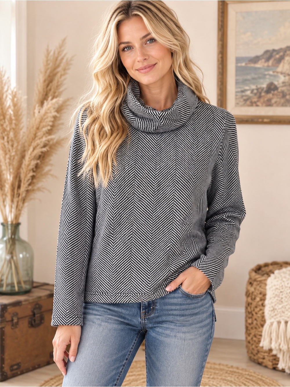 J. Crew Black and White Chevron Cowl Neck Sweater